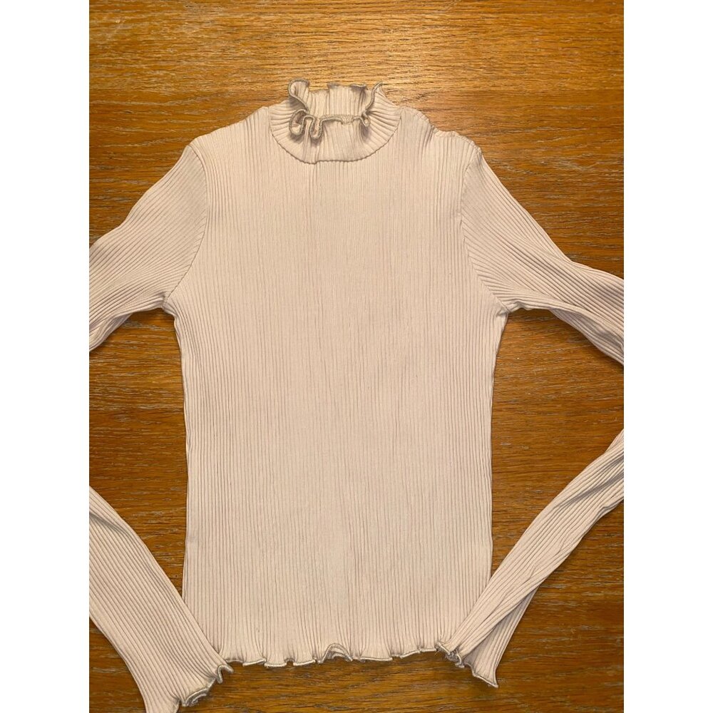 Ruffle Neck Ribbed Long Sleeve Top